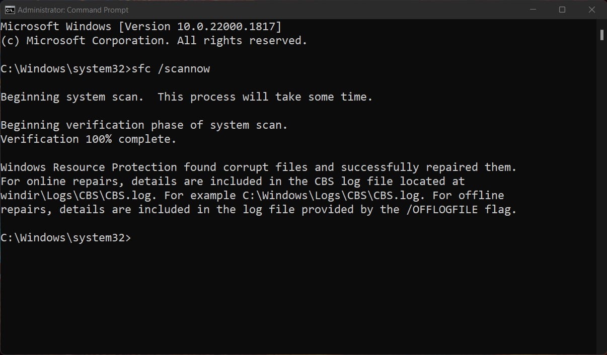 sfc /scannow results showing corrupt fixed